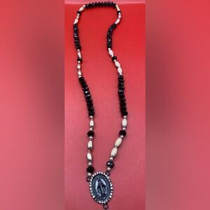 Women’s Necklace Rosary Beads Miraculous Medal Black Crystal 24” Religious